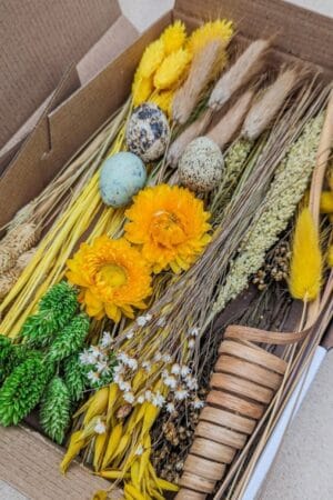 Caixa decorativa flores secas verdes preservadas naturais