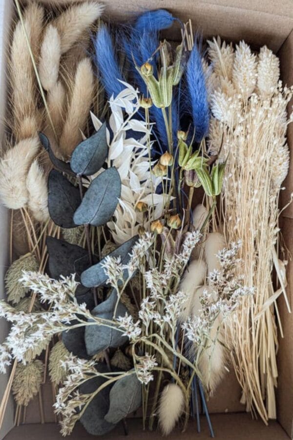 Conjunto arranjo flores secas azuis decoracao natural