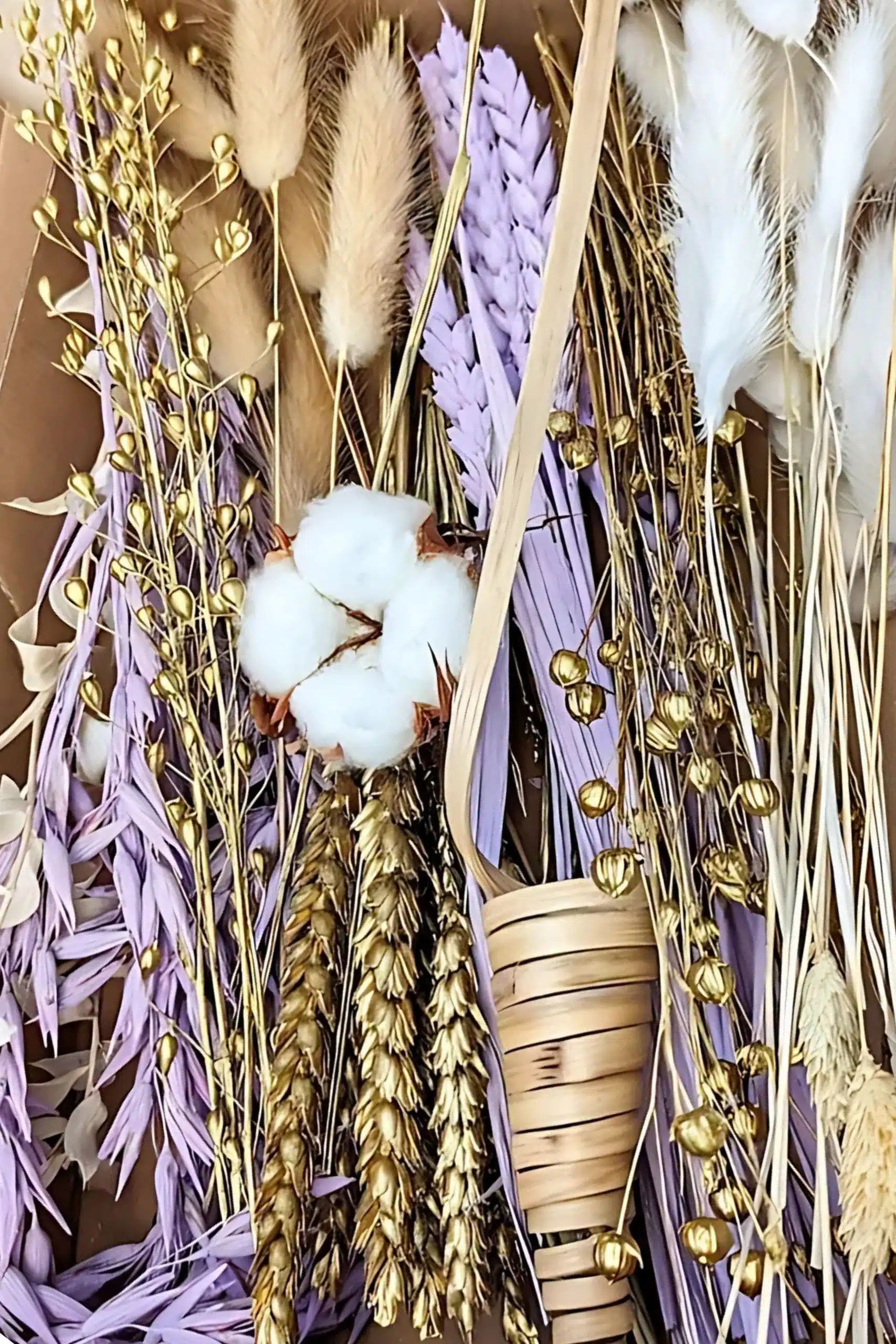 Conjunto arranjo flores secas lilas roxas decoracao